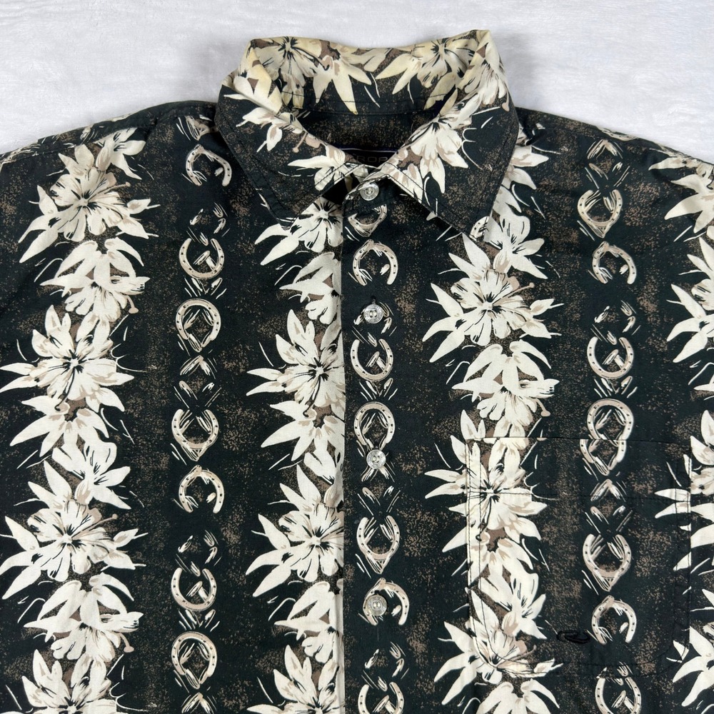 Roper Mens Medium Short Sleeve Button Up Shirt Black Floral Horseshoe Western M